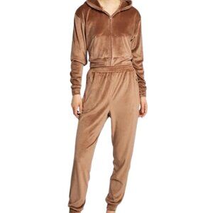 SKIMS Velour Cropped High Waist Tracksuit Set In Sienna Tan Brown Size Medium
